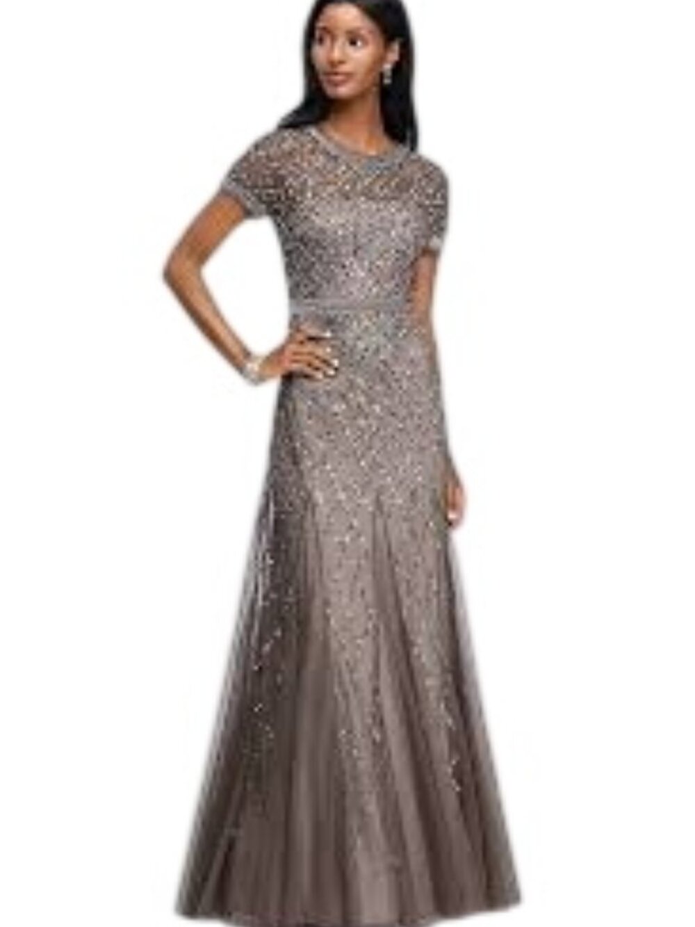 Adrianna Papell Short Sleeve Sequined Long Dress with Godets Womens Size 6 NWT